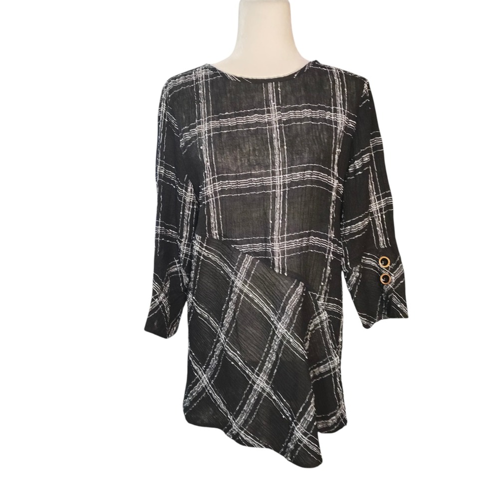 Habitat Black White Plaid Linen Blend‎ Tunic Top Semi Sheer Lightweight Artsy M